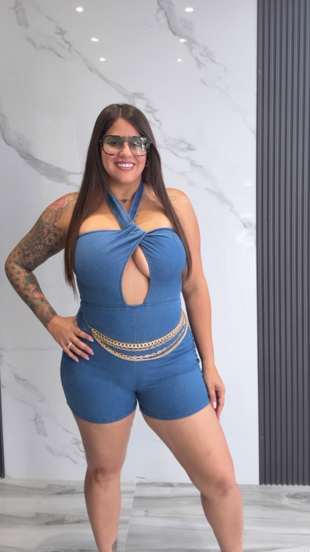 Denim Cross Halter Romper
