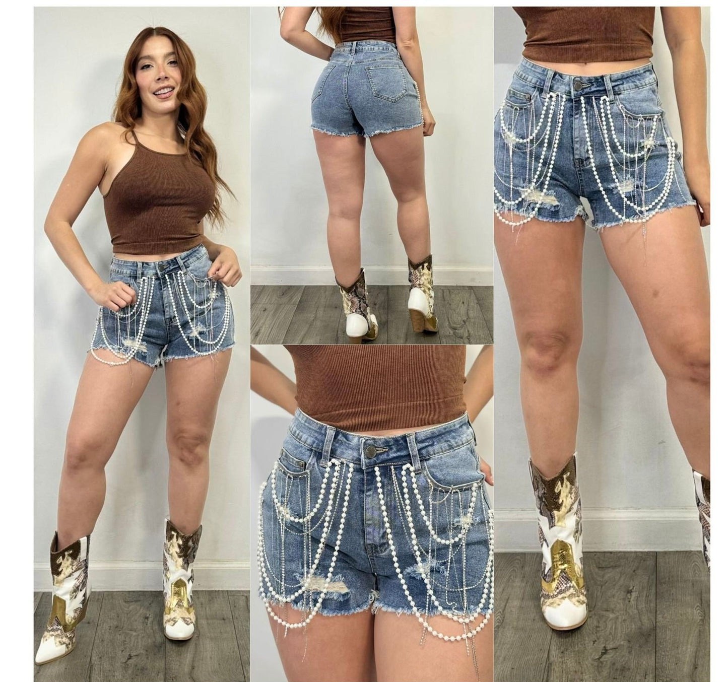 RHINESTONE PEARL DENIM SHORT