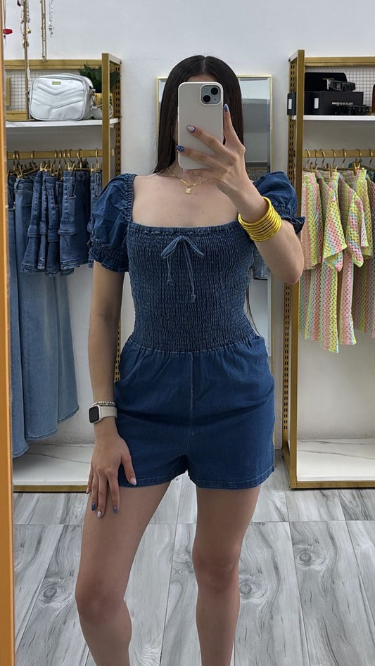 Smocked Denim Romper