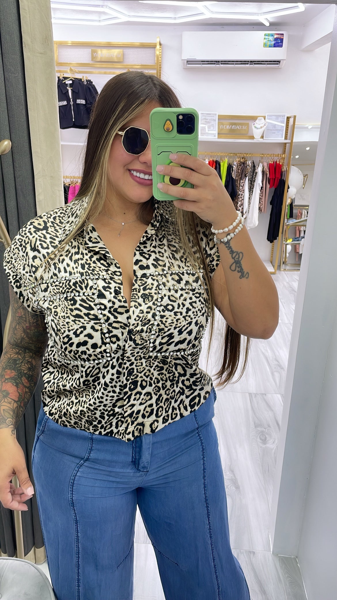 RHINESTONE DETAIL ANIMAL PRINT SHIRT