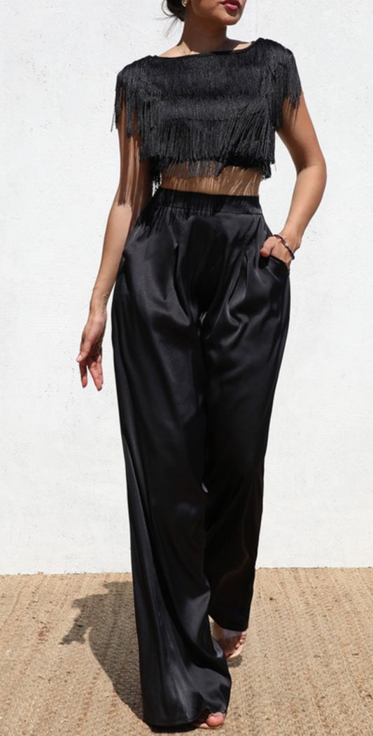 TASSEL TOP AND SATIN PANT SET