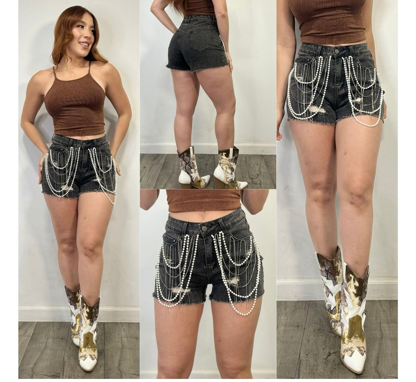 RHINESTONE PEARL DENIM SHORT