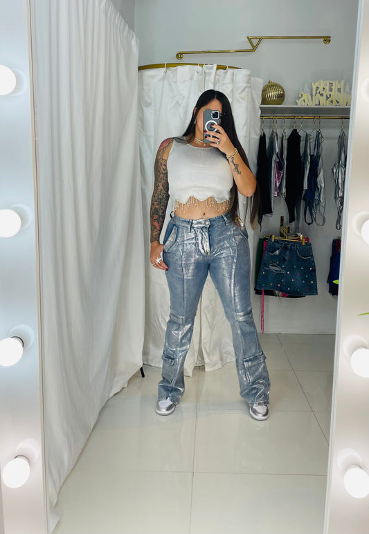 Silver Metallic Bootcut Cargo Jeans