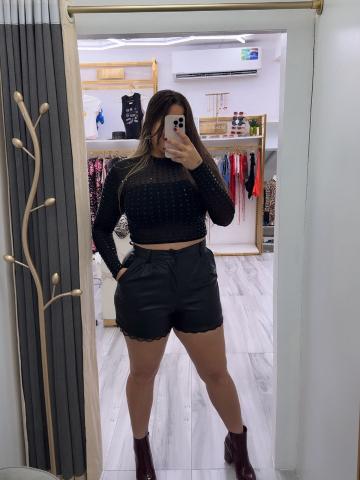 SHEER MESH & RHINESTONE PATTERN CROP TOP