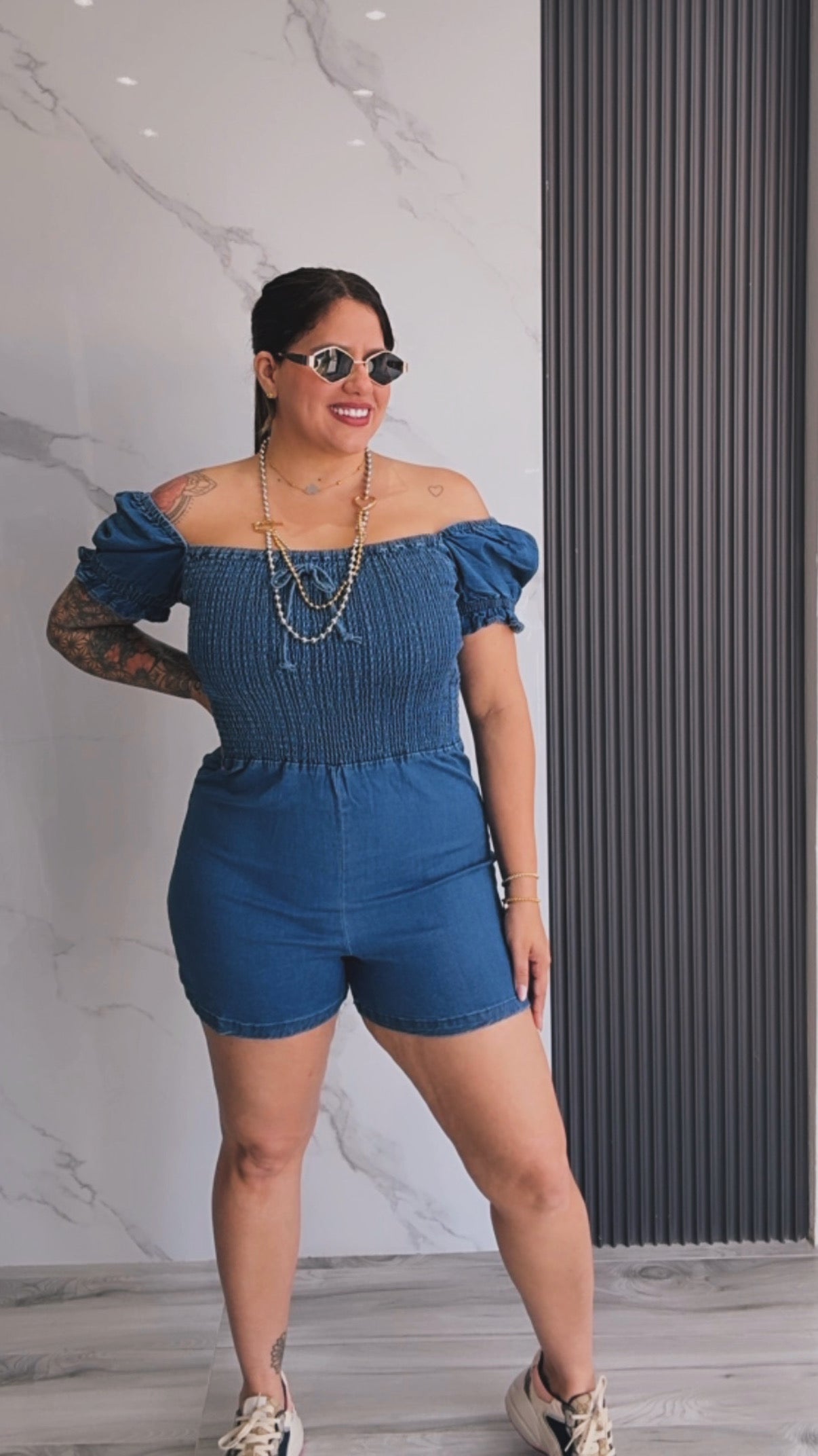 Smocked Denim Romper