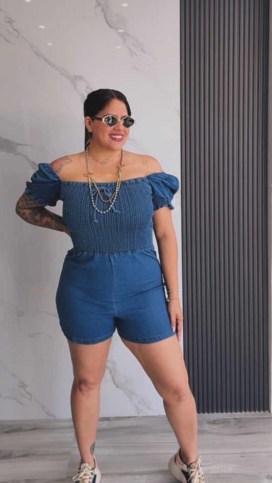 Smocked Denim Romper
